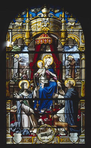 Vue d'ensemble de la baie 3 : Apparition de la Vierge à saint Dominique de Guzman, donation du rosaire à sainte Catherine de Sienne, Accolade de saint Dominique de Guzman et de saint François d'Assise et saint Dominique de Guzman prêchant.
