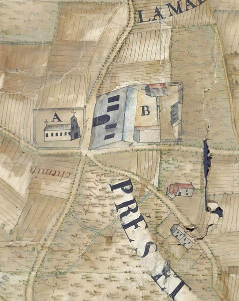 Plan géométrique des villages de Port en Bessin sur Mer et de Come [détail du manoir en B].