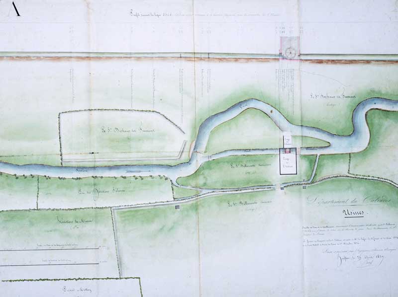 Feuille de plan et nivellement concernant l'autorisation sollicitée par le sieur Belleroute d'établir une filature de coton sur la rivière de Gacé dans la commune de Saint-Jacques de Lisieux, à joindre au rapport sur les deux pétitions adréssées à M. le Préfet les 18 février et 31 août 1836 et au procès-verbal de visite des lieux du 1er décembre 1836, dressé et présenté par l'ingénieur ordinaire soussigné.- Plan, Bardel, 24 août 1837. (AD Calvados. S 12804a).