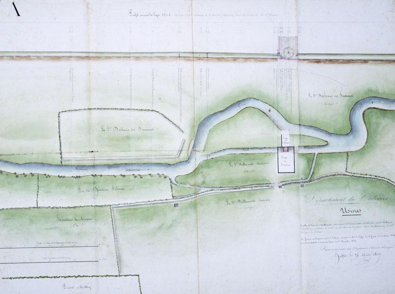 Feuille de plan et nivellement concernant l'autorisation sollicitée par le sieur Belleroute d'établir une filature de coton sur la rivière de Gacé dans la commune de Saint-Jacques de Lisieux, à joindre au rapport sur les deux pétitions adréssées à M. le Préfet les 18 février et 31 août 1836 et au procès-verbal de visite des lieux du 1er décembre 1836, dressé et présenté par l'ingénieur ordinaire soussigné.