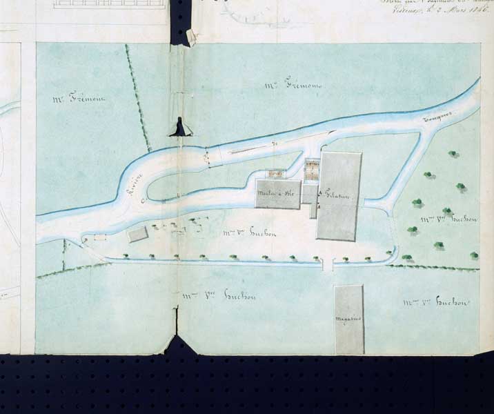 Dessins relatifs à l'instruction de la demande de Mme Vve Huchon, héritière du sieur Belleroute.- Plan, 2 mars 1846. (AD Calvados. S 12804a).