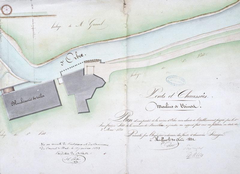 Plan d'une partie de la rivière d'Orbec aux abords de l'établissement projeté par le sieur Jean-François Petit, de la commune de Beuvillers, à joindre au rapport fait sur sa pétition en date du 2 mars 1831.