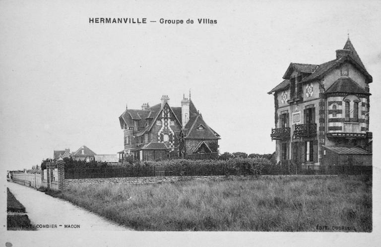 Hermanville - Groupe de villas. [Villas d'aujourd'hui détruites à l'Est de la Brèche].- Carte postale, phot. Combier à Mâcon.