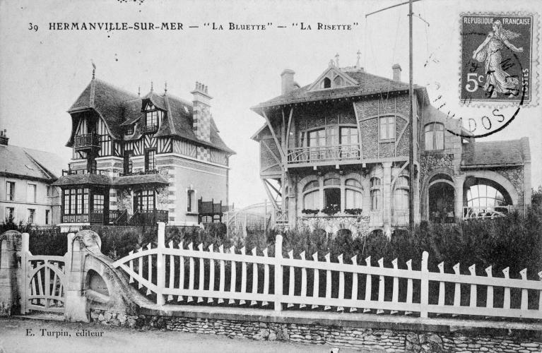 "39. Hermanville-sur-Mer. ""La Bluette"" - ""La Risette"". [Elévation nord vers le début du siècle].- Carte postale, E. Turpin."