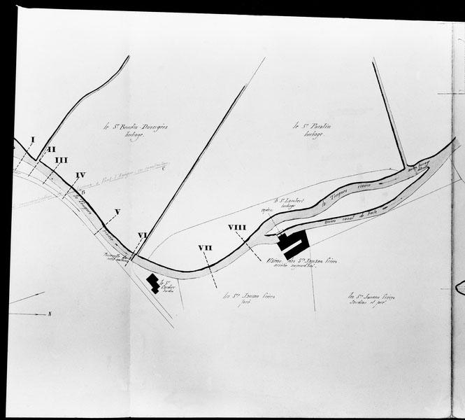 Ensemble industriel : travaux de défense. Plan général, profil en long et en travers, à joindre au raport en date de ce jour sur la pétition du sieur Boudin-Desvergées. Détail.