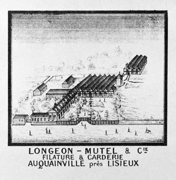 Longeon - Mutel et Cie. Filature et carderie, Auquainville près Lisieux.- Gravure, Wéber, 1896, tiré de : Nouveau plan de Lisieux monumental, industriel et commercial. Indicateur des principaux établissements industriels et des monuments publics de Lisieux et ses environs, 1896. Paris, Dufrénoy, 1896. (AD Calvados. CPL 208).