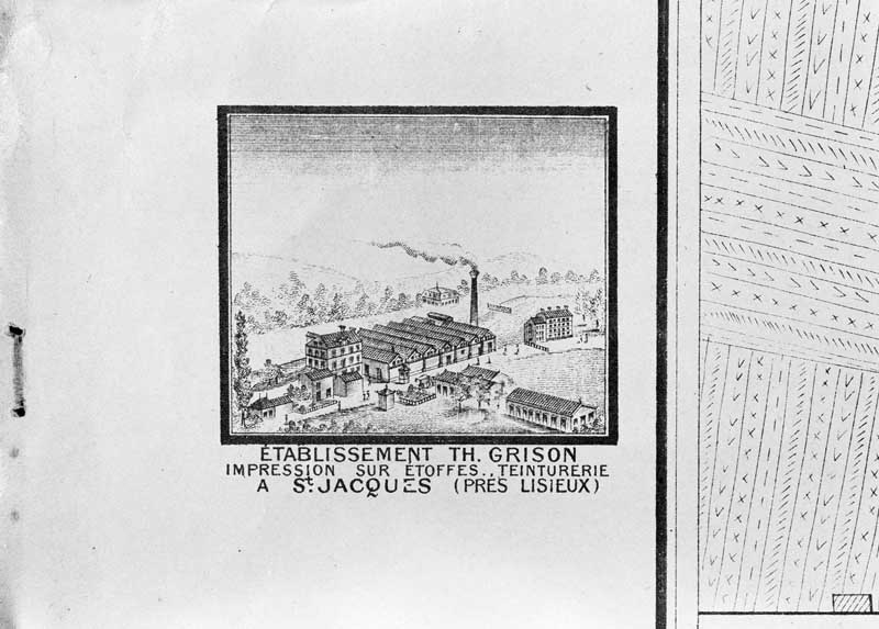 Etablissement Th. Grison. Impression sur étoffes, teinturerie à St-Jacques (près Lisieux).- Gravure, Wéber, tirée de : Nouveau plan de Lisieux monumental, industriel et commercial. Indicateur des principaux établissements industriels et des monuments publics de Lisieux et ses environs. Paris, Dufrénoy, 1896. (AD Calvados. CPL 208).