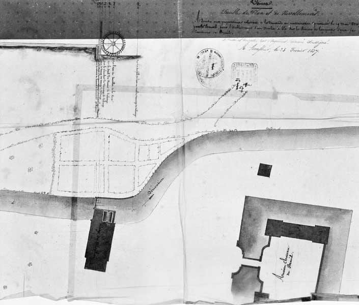 Feuille de plan et nivellement à joindre aux propositions relatives en autorisation, présentées le 19 mars 1834 par M. Chauvel pour l'établissement d'un moulin à blé sur la rivière de Touques dans la commune du Breuil.- Plan, 25 février 1837. (AD Calvados. S 12805b).
