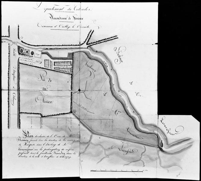 Plan des abords de l'usine de M. Rosney faisant voir la direction de la rivière de Rocques dans l'herbage de M. Levavasseur, avec la prolongation du ruisseau passant sous le pontceau Bourdon dans la direction de la route d'Honfleur à Alençon.