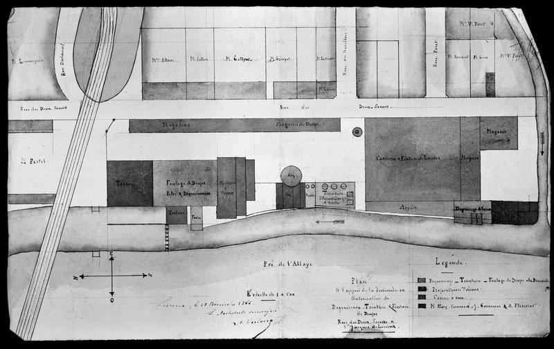 Plan à l'appui de la demande en autorisation de dégraissage, teinture et foulerie de draps rue des deux soeurs à Saint-Jacques de Lisieux.