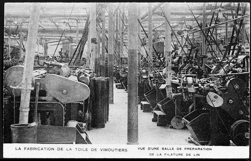 La fabrication de la toile de Vimoutiers. Vue d'une salle de préparation de la filature de lin.