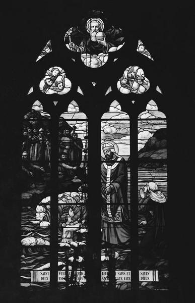 Vue d'ensemble de la baie : saint Vulfrand rend à leur mère, sains et saufs, deux enfants immolés en sacrifice aux faux dieux.