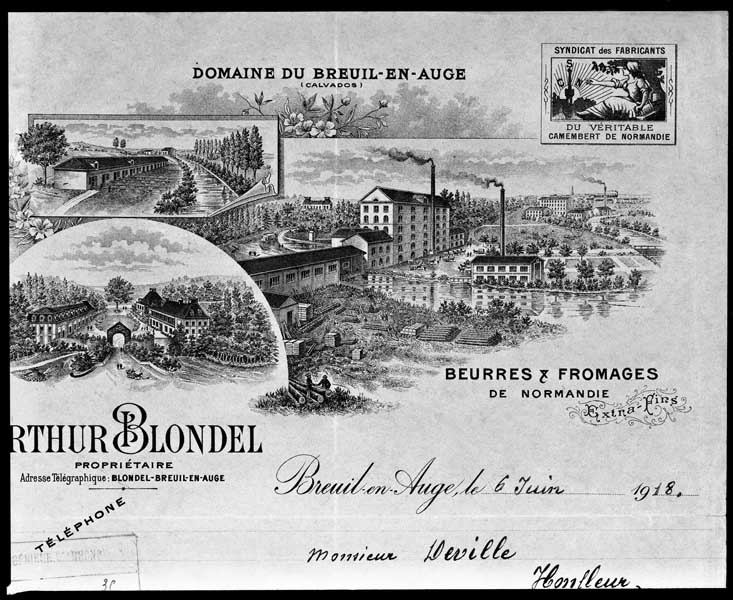 Vignette illustrant un papier à lettres à en-tête. Détail : bâtiment du moulin.- Papier à lettre, 1918. (AD Calvados. S 12805b).