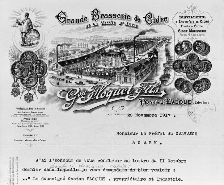Vignette illustrant un papier à en-tête. A droite, les bâtiments de la distillerie, à gauche, les bâtiments de la brasserie, au centre le logement patronal.