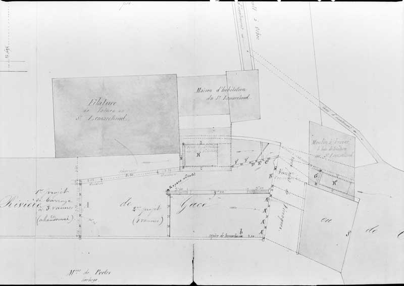 Usine du sieur Lemarchand. Plan général, profil en long et en travers.- Plan de détail, 1/100, par Sallebert, ingénieur ordinaire, 12 mars 1855. (AD Calvados. S 12804b).