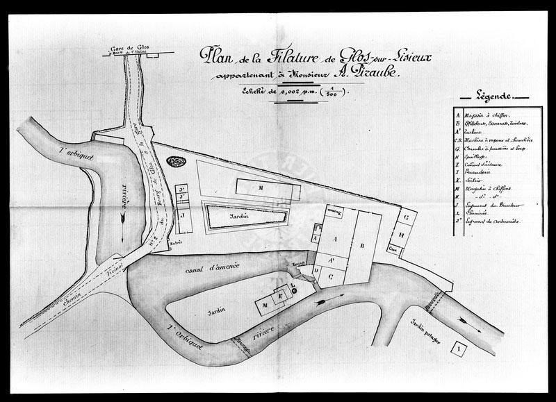 Plan de la filature de Glos-sur-Risle, appartenant à Monsieur Piraube.