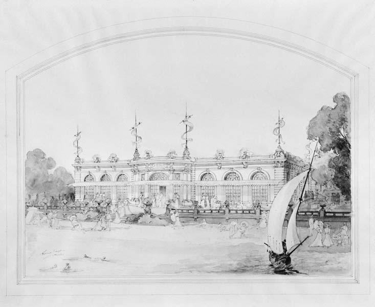 Vue perspective de la façade nord du casino (2ème).- Dessin signé Lucien Viraut, (architecte), n.d., vers 1907. Encre et lavis sur papier, [dimensions non prises]. (AC Houlgate).