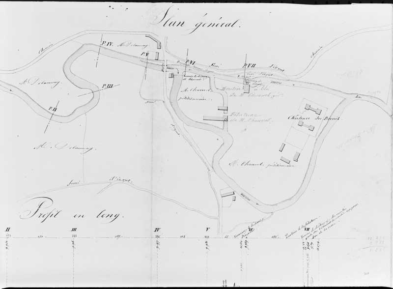 Usine de M. Chauvel. Plan général, plan de détail, projets en long et en travers.- Plan d'ensemble, 1/2500e, par Sallebert, ingénieur ordinaire, 14 avril 1857. (AD Calvados. S 12805b).