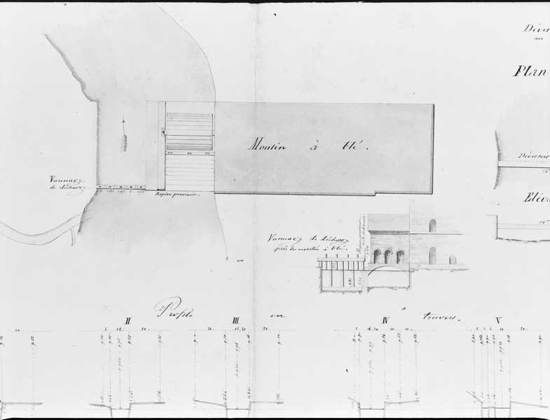 Usine de M. Chauvel. Plan général, plan de détail, projets en long et en travers.- Plan de détail, 1/200e, par Sallebert, ingénieur ordinaire, 14 avril 1857. (AD Calvados. S 12805b).