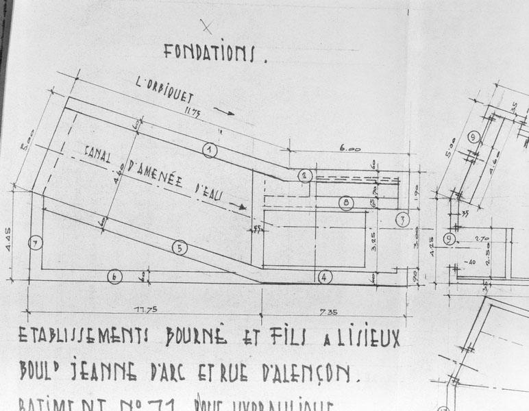 Etablissements Emile et Paul Bourné à Lisieux, boulevard Jeanne d'Arc et rue d'Alençon. Bâtiments n°11. Roue hydraulique, Fondations.