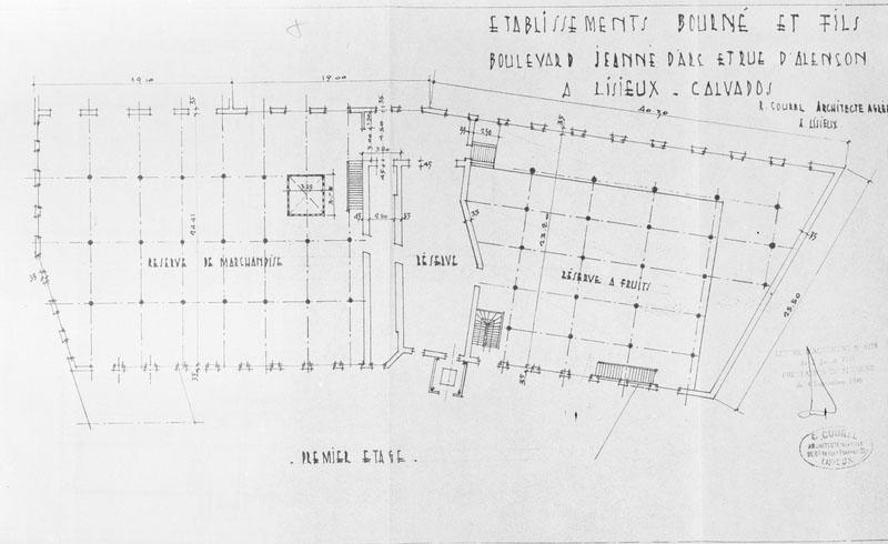 Etablissements Emile et Paul Bourné à Lisieux, boulevard Jeanne d'Arc et rue d'Alençon. Bâtiments n° 10, 13 et 16, (fabrication, citernes à cidre, cave à cidre). Premier étage.