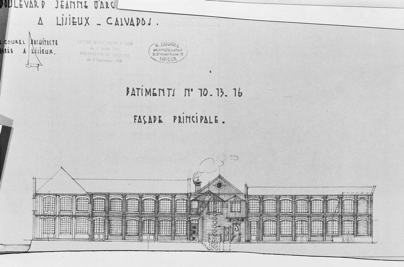 Etablissements Emile et Paul Bourné à Lisieux, boulevard Jeanne d'Arc et rue d'Alençon. Bâtiments n° 10, 13 et 16, (fabrication, citernes à cidre, cave à cidre). Façade principale.