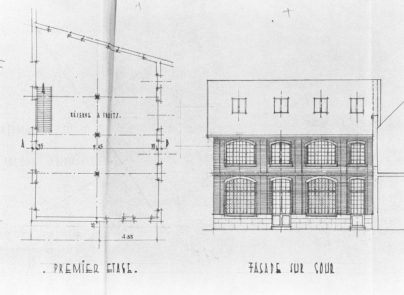 Etablissements Emile et Paul Bourné à Lisieux, boulevard Jeanne d'Arc et rue d'Alençon. Bâtiment n° 9, cave à eaux de vie. Façade, sur cour et premier étage.