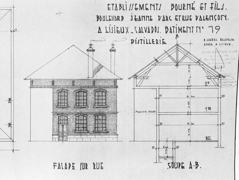 Etablissements Emile et Paul Bourné à Lisieux, boulevard Jeanne d'Arc et rue d'Alençon. Bâtiments n°19. Distillerie. Façade sur rue et coupe AB.