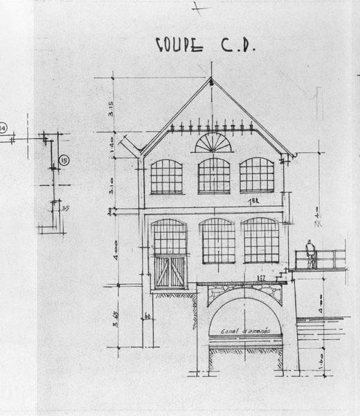 Etablissements Emile et Paul Bourné à Lisieux, boulevard Jeanne d'Arc et rue d'Alençon. Bâtiments n°11. Roue hydraulique, coupe CD.