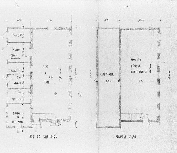 Propriété de Messieurs Emile et Paul Bourné, boulevard Jeanne d'Arc à Lisieux. Bâtiment n°7 (bureaux et cave à cidre). Rez-de-chaussée et premier étage.