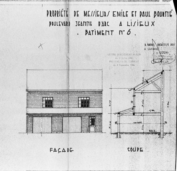 Propriété de Messieurs Emile et Paul Bourné, boulevard Jeanne d'Arc à Lisieux. Bâtiment n°6 (garage et habitation). Façade et coupe.