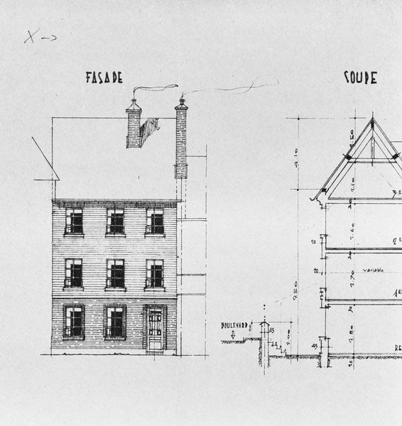 Propriété de Messieurs Emile et Paul Bourné, boulevard Jeanne d'Arc à Lisieux. Bâtiment n°2. Façade, coupe.