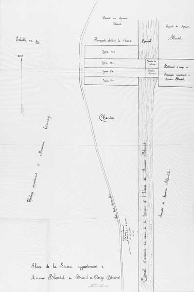 Plan de la scierie appartenant à M. Blondel du Breuil-en-Auge, Calvados.- Plan, s.d., 1920. (AD Calvados. Z 2063).