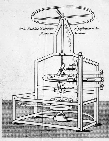 Machine à tourner et perfectionner les fonds de tonneaux.- Gravure, Thierry fils, tirée de : Vue en perspective de diverses des mécaniques de M. le chevalier de Manneville telles qu'on les voit en activité dans son établissement-model de Troussebourg près Honfleur (Calvados), 1830. (AD Calvados. Z 2064).