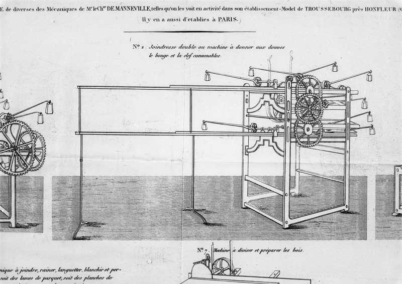 Joindresse double ou machine à donner aux douves, le bouge et la clef convenables.- Gravure, Thierry fils, tiré de : Vue en perspective de diverses des mécaniques de M. le chevalier de Manneville telles qu'on les voit en activité dans son établissement-model de Troussebourg près Honfleur (Calvados), 1830. (AD Calvados. Z 2064).