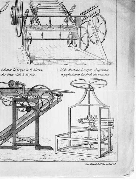 Machine à couper, chanfreiner et perfectionner les fonds des tonneaux.- Gravure, sur feuille publicitaire, imp. Bénard et Cie, s. d., vers 1830. (AD Calvados. Z 2064).