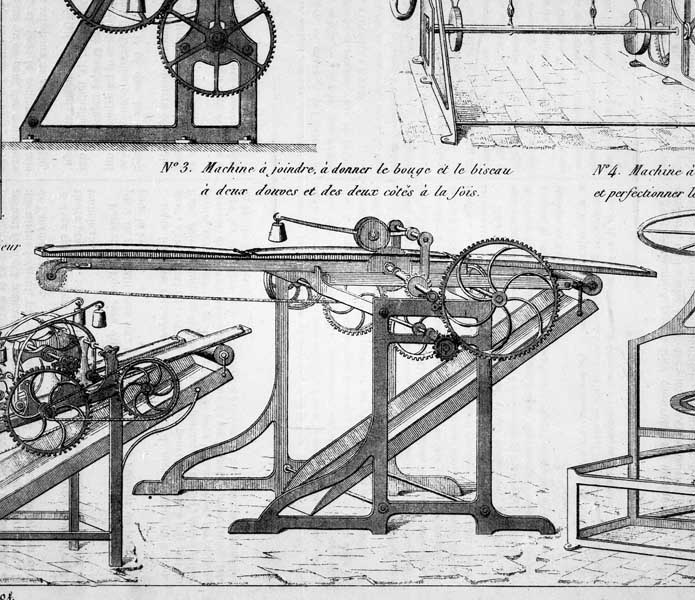 Machine à joindre, à donner le bouge et le biseau à deux douves et des deux côtés à la fois.- Gravure, sur feuille publicitaire, imp. Bénard et Cie, s. d., vers 1830. (AD Calvados. Z 2064).