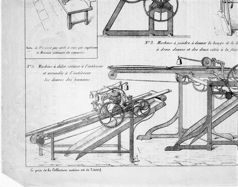 Machine à dôler, creuser à l'intérieur et arrondir à l'extérieur les douves des tonneaux.- Gravure, sur feuille publicitaire, imp. Bénard et Cie, s. d., vers 1830. (AD Calvados. Z 2064).