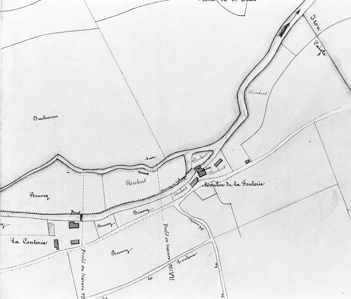 Plan accompagnant le projet de règlement du moulin de la Foulerie.- Plan, Dumas, 16 mars 1857. (AD Orne. S 1058).