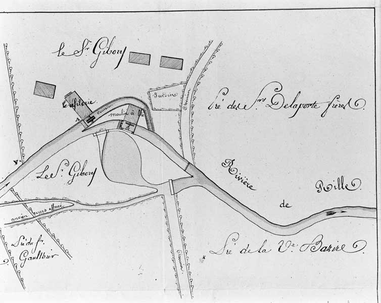 Plan et nivellement d'une partie du cours de la Rille aux abords du moulin de Launay, à joindre au rapport sur la demande du sieur Pierre-Charles Gibory propriétaire de ce moulin.- Plan cadastral. (AD Orne. S 1001).
