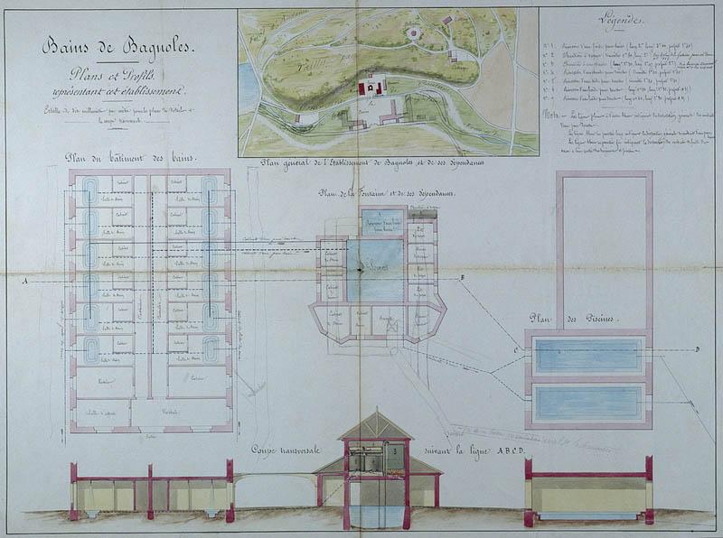 Plans et coupes des bâtiments du complexe thermal.