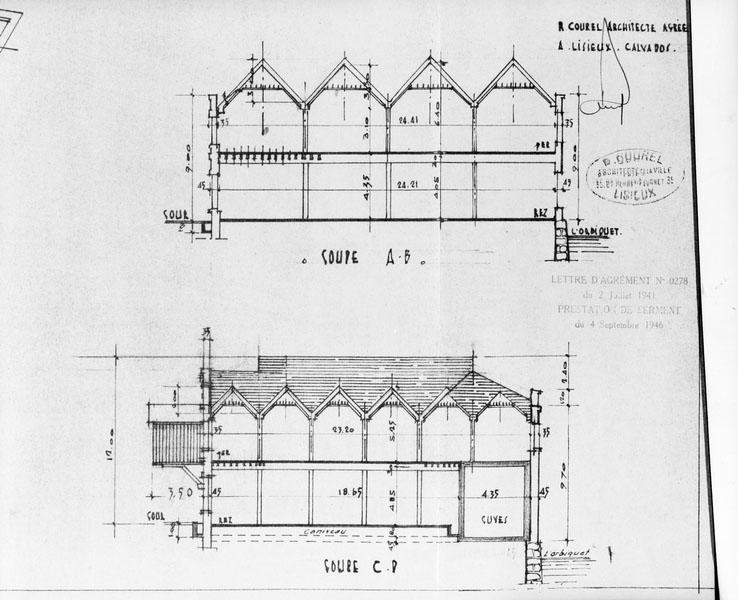 Propriété de Messieurs Emile et Paul Bourné, boulevard Jeanne d'Arc à Lisieux. Plan des toitures et coupe des bâtiments 10, 13, 16 (fabrication, citernes à cidre, cave à cidre). Coupes AB et CD.