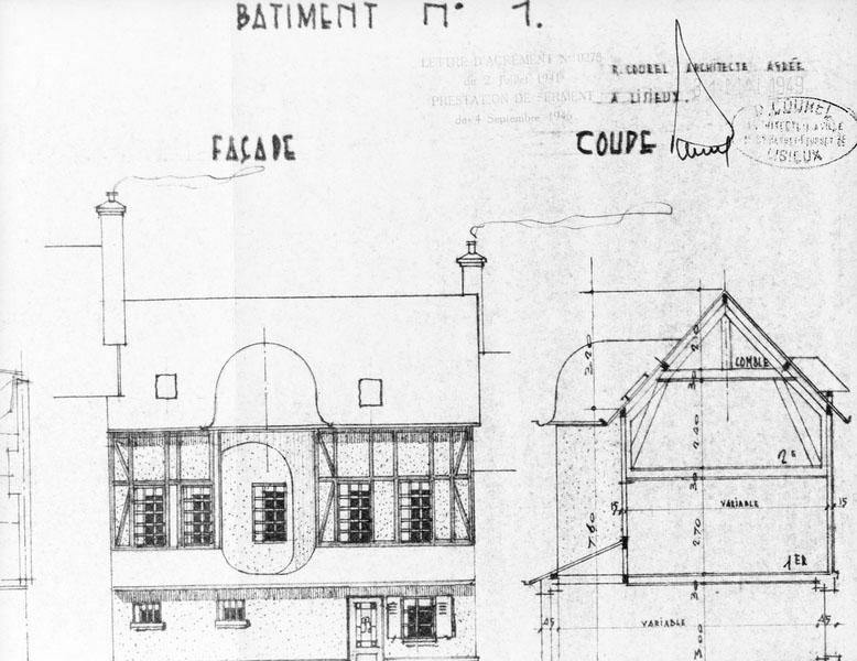 Propriété de Messieurs Emile et Paul Bourné, boulevard Jeanne d'Arc à Lisieux. Bâtiment n°1. Façade, coupe.
