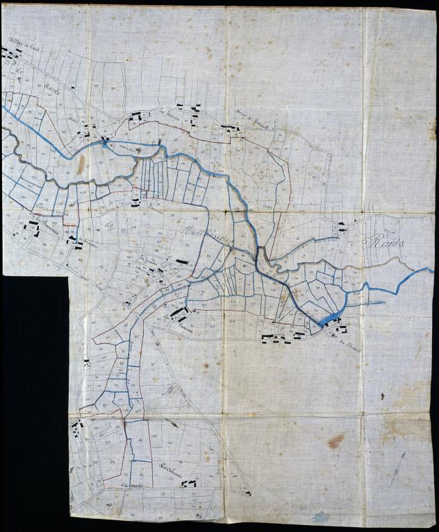 Plan parcellaire le long de la Taute établi le 15 mars 1881 pour le syndicat de curage des communes de Marchésieux, Raids, Saint-Sébastien-de-Raids, Saint-Martin-d'Aubigny. Détail.- Plan cadastral