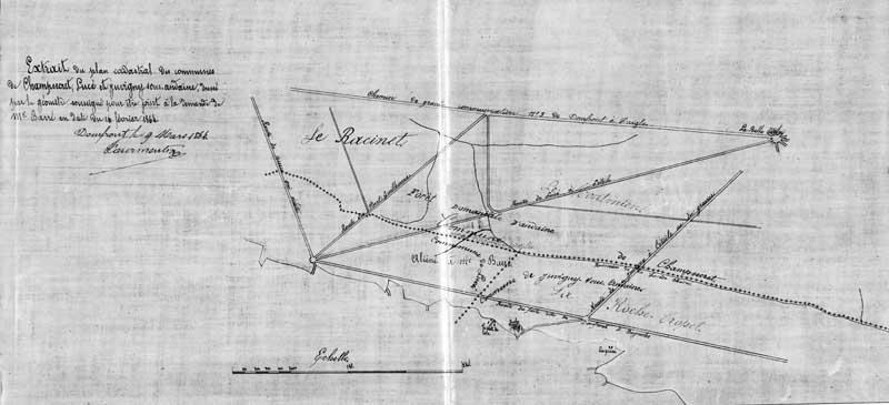 Extrait du plan cadastral des communes de Champsecret, Lucé et Juvigny-sous-Andaine, dressé par le géomètre soussigné [Fourmentin], pour être joint à la demande de M. Barré, en date du 16 février 1864.