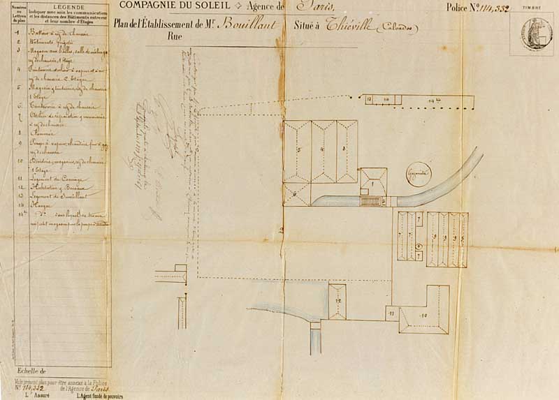 Compagnie du Soleil. agence de Paris. Plan de l'établissement de M. Bouillant situé à Thiéville.- Plan, 28 août 1879. (AD Manche. 5E 19599).