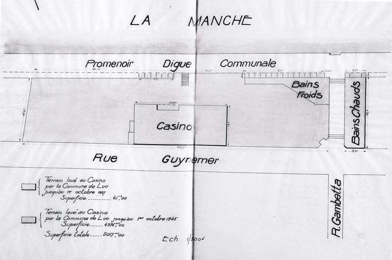 'Plan-masse du 2ème casino dit Le Grand Casino et de l''établissement de bain.- Plan, Pierre Auvray (ingénieur), échelle : 1/500e, [dimensions non prises]. (AD Calvados. 652 S dépôt 62).'