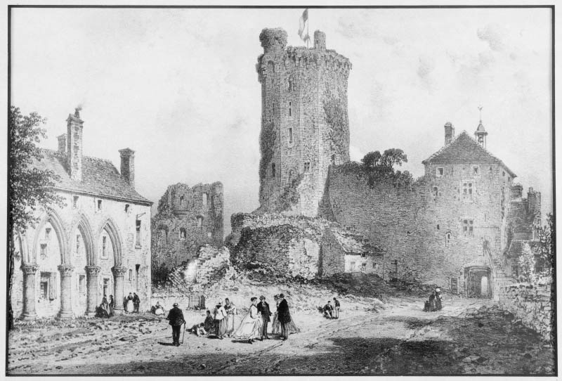 Vue d'ensemble depuis l'intérieur de la basse-cour.- Lithographie, 2nde moitié 19e siècle. (Musée du Vieux Château, Bricquebec)