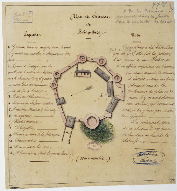 Plan du château de Bricquebec, avec légende et notice.- Plan, fin 18e siècle. (Bibliothèque municipale, Cherbourg-Octeville. Mss 77 ter)