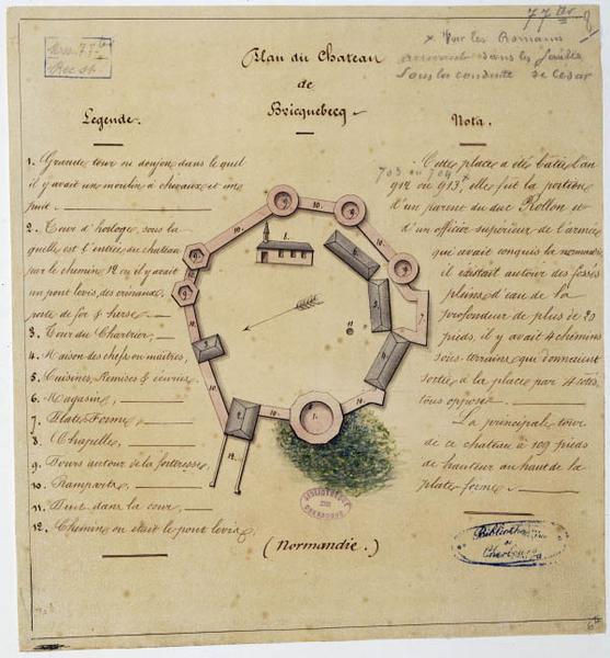 Plan du château de Bricquebec, avec légende et notice.